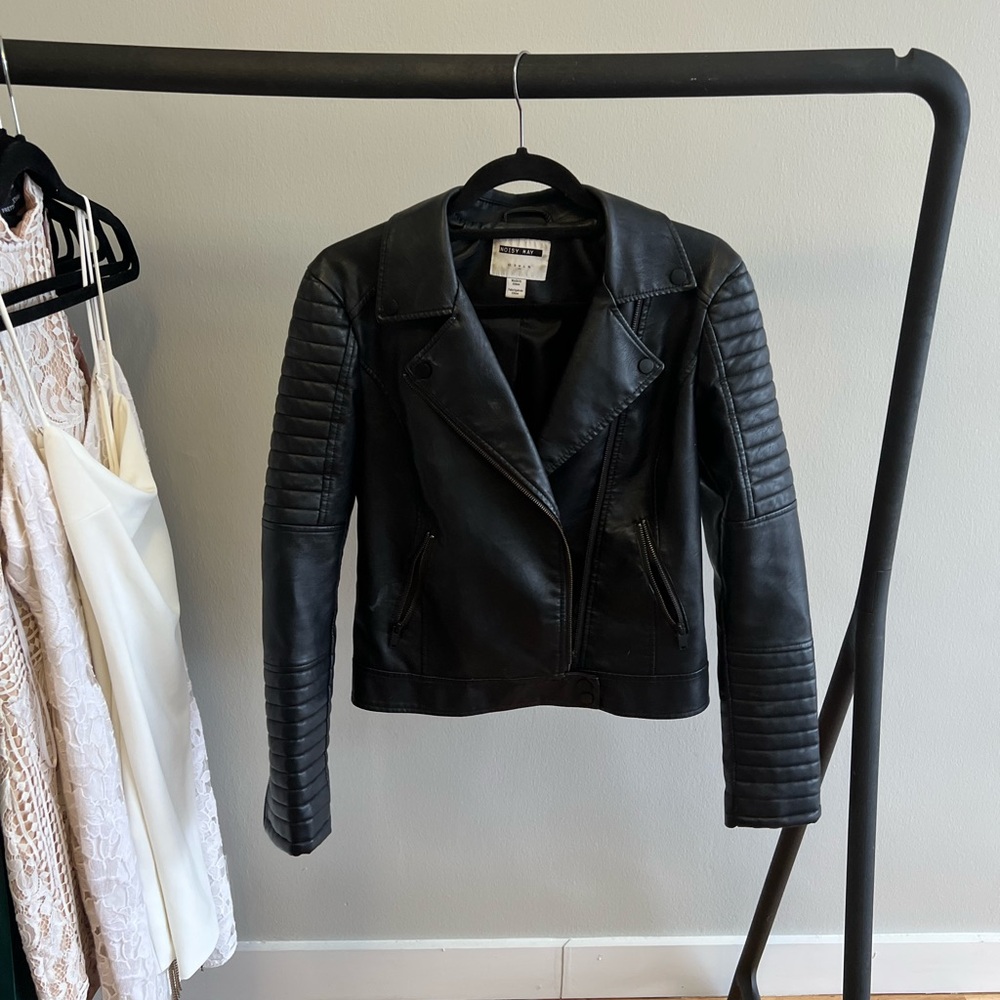Noisy May Black Moto Vegan Leather Jacket with Quilted Sleeves